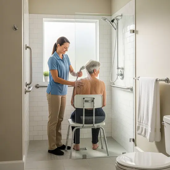 Ambulanter Pflegedienst hilft Senior beim Waschen im hellen Badezimmer mit Haltegriffen.