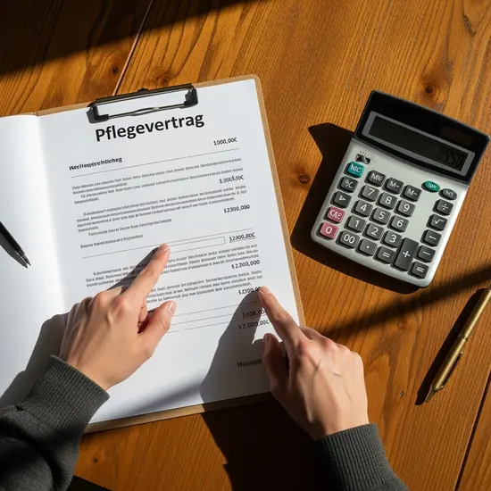 Pflegevertrag und Taschenrechner auf Holztisch, Hand zeigt auf Beträge.