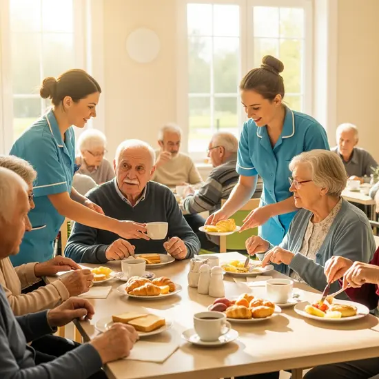 Helle Tagespflegeeinrichtung mit Senioren beim gemeinsamen Frühstück, Pflegekraft hilft freundlich.