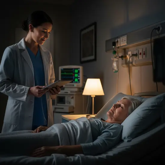 Nachtszene in Pflegeeinrichtung: gedämpftes Licht, Pflegekraft kontrolliert schlafenden Senior.