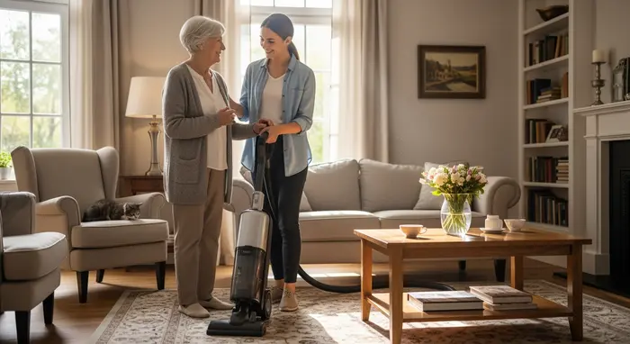 Haushaltshilfe unterstützt Seniorin beim Staubsaugen in gepflegter Wohnung, freundliche Stimmung.