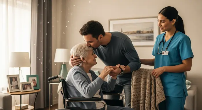 Sohn verabschiedet sich von pflegebedürftiger Mutter, Pflegekraft übernimmt umsichtig in der Wohnung.