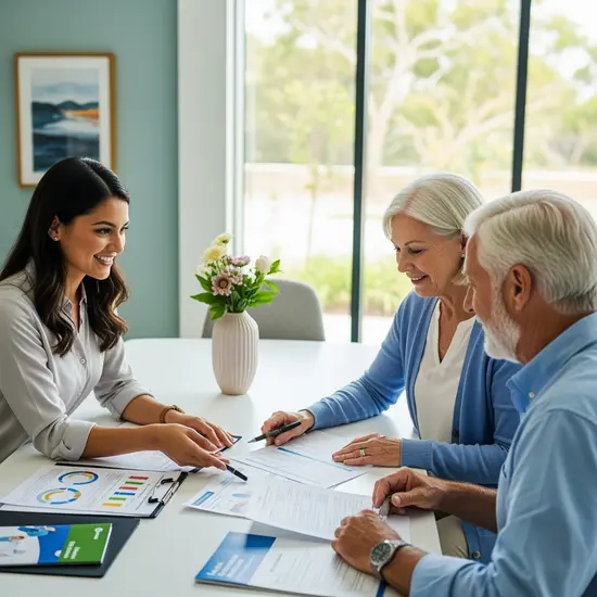 Freundliche Pflegeberaterin bespricht mit älterem Paar am Tisch in modernem Beratungsraum Unterlagen zur Pflegeversicherung, helles Tageslicht und beruhigende Atmosphäre