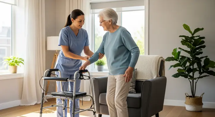 Pflegerin unterstützt Seniorin beim Aufstehen aus dem Sessel in einem hellen Wohnzimmer, achtsame Haltung, Gehhilfe bereitstehend