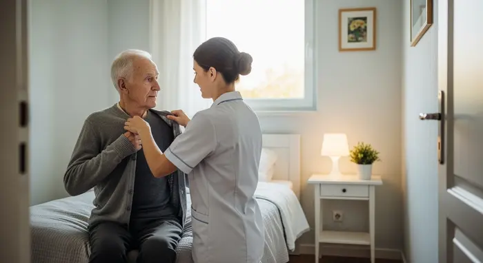 Älterer Herr erhält intensive Unterstützung beim Ankleiden durch Pflegekraft, ruhiger Schlafraum, aufgeräumte Umgebung