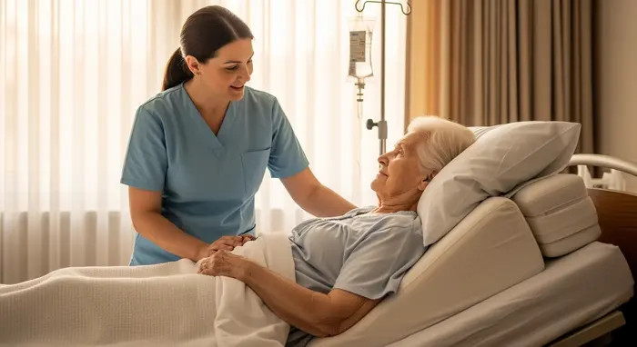 Bettlägerige Seniorin mit besonderem Pflegebedarf, Pflegekraft überprüft Lagerung und Komfort, weiche Beleuchtung