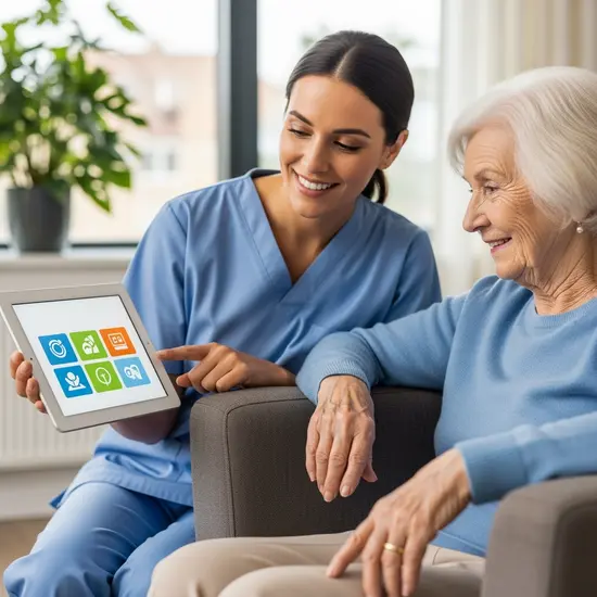 Pflegekraft zeigt Seniorin auf einem Tablet eine einfache Gesundheits-App, große Symbole, freundliche Interaktion ohne lesbaren Text