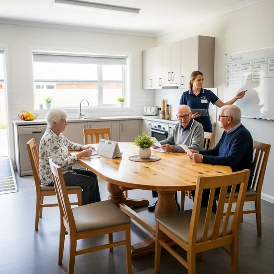 Kleine ambulant betreute Wohngemeinschaft: Drei Senioren sitzen am großen Holztisch, Präsenzkraft koordiniert den Alltag, helle, barrierefreie Küche