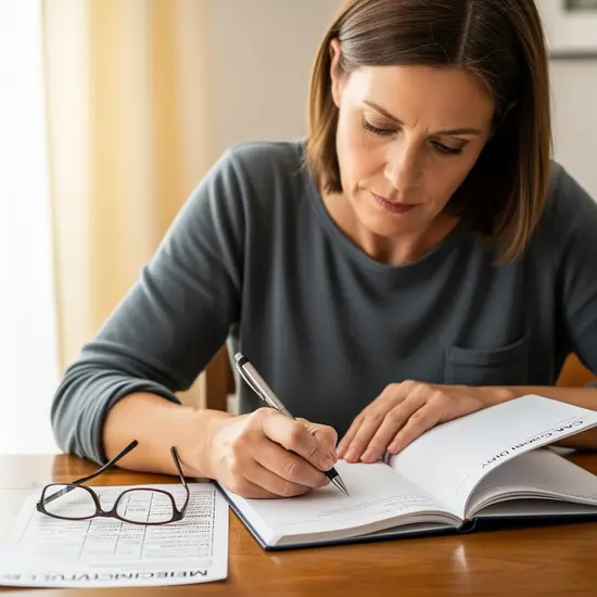 Pflegende Angehörige notiert Einträge in ein Notizheft als Pflegetagebuch, Stift in der Hand, neben ihr liegen Medikamentenplan und Brille
