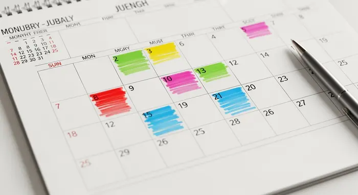 Nahaufnahme eines Monatskalenders mit farbigen Markierungen auf mehreren Tagen, Stift daneben, keine lesbaren Texte