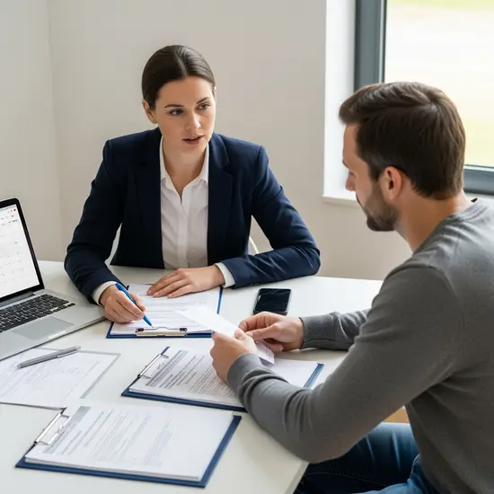 Pflegeberaterin und Patient koordinieren Behandlungsschritte mit Krankenhaus und Hausarzt, Unterlagen auf dem Tisch, strukturierte Zusammenarbeit