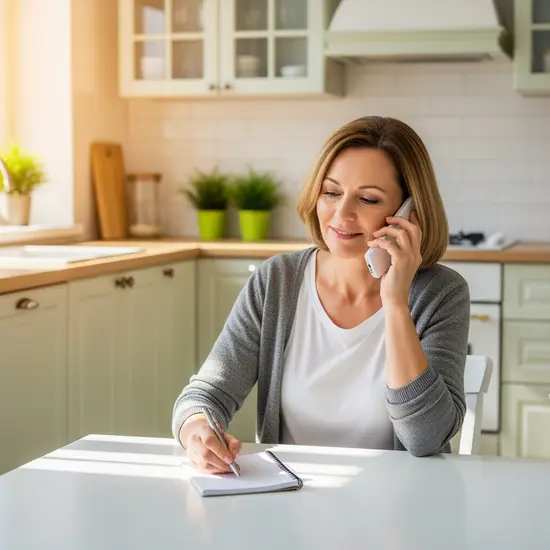 Mittelalte Frau telefoniert mit Service-Hotline, sitzt entspannt am Küchentisch mit Notizblock, helle Wohnung, freundliche Atmosphäre