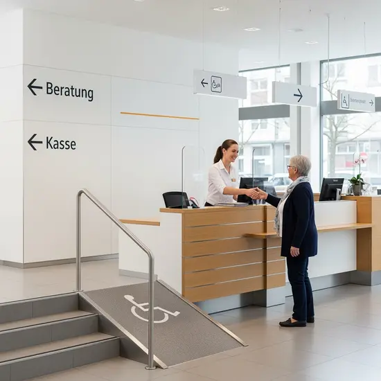 Kundenschalter in moderner Geschäftsstelle, Berater begrüßt Seniorin am Empfang, klare Wegführung, barrierefreier Zugang sichtbar