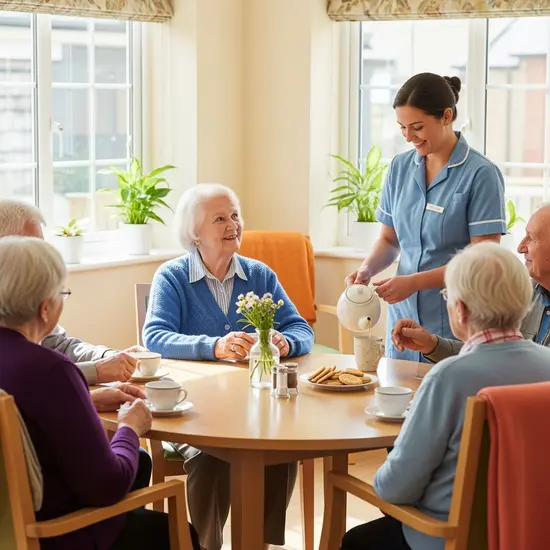 Seniorin nimmt an einer Tagespflege teil, sitzt mit anderen in einem hellen Gemeinschaftsraum, Pflegerin serviert Tee, freundliche Stimmung