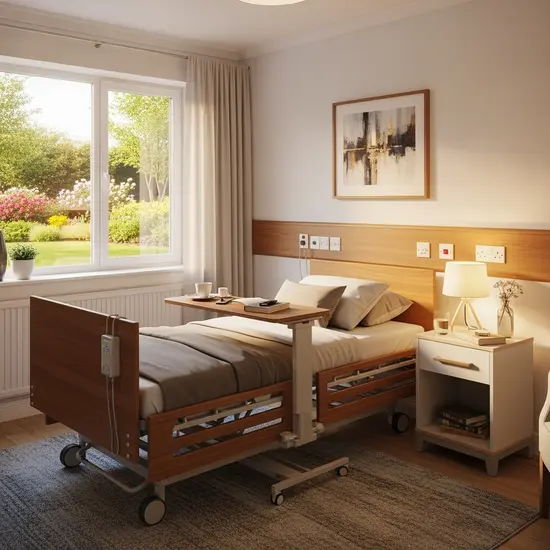 Gemütliches Einzelzimmer in einem modernen Pflegeheim mit Pflegebett, Nachttisch und großem Fenster, warmes Licht