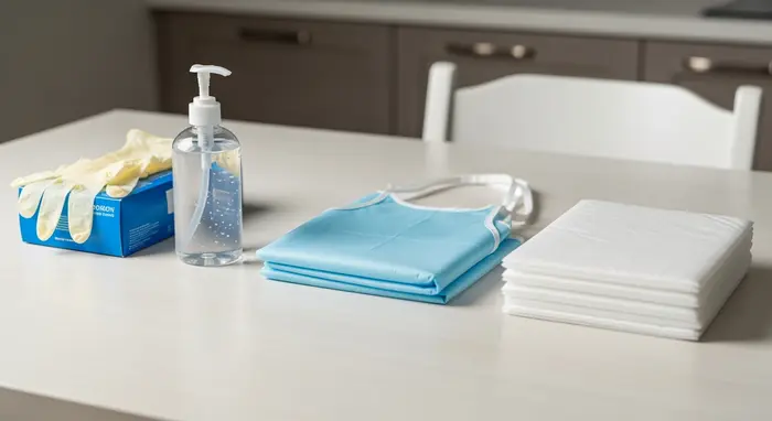 Aufgereihte Pflegehilfsmittel zum Verbrauch auf einem Küchentisch: Einmalhandschuhe, Desinfektionsmittel, Schutzschürze und Bettschutzeinlagen, sauber arrangiert
