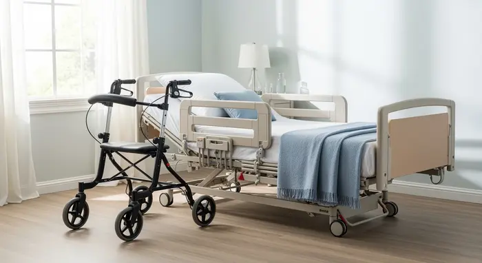Modernes Pflegebett mit Seitengittern und höhenverstellbarem Rahmen in hellem Schlafzimmer, daneben ein Rollator
