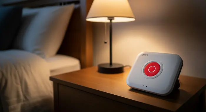 Hausnotruf-Gerät mit rotem Notfallknopf auf einem Nachttisch neben einem Bett, dezente Zimmerbeleuchtung