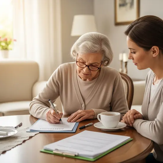 Seniorin füllt mit Unterstützung ihrer Tochter einen Antrag am Wohnzimmertisch aus, Lesebrille, geordnete Unterlagen, ruhige Atmosphäre