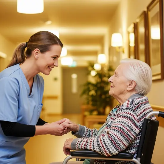 Pflegerin hält Händchen mit Senior im Heimflur, beruhigende Geste, warme Beleuchtung