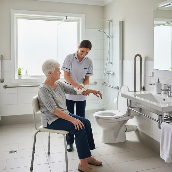 Ambulante Pflegekraft hilft Seniorin beim Waschen im barrierefreien Badezimmer, dezente Privatsphäre, Haltegriffe sichtbar