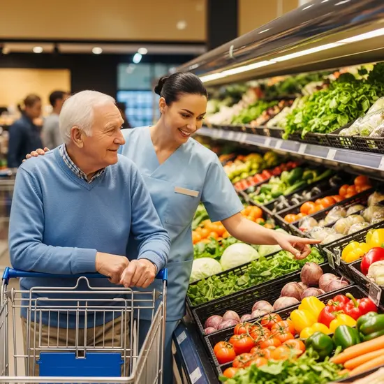 Pfleger unterstützt älteren Herrn beim Einkaufen, gemeinsam an der Gemüsetheke, lächelnd und zugewandt