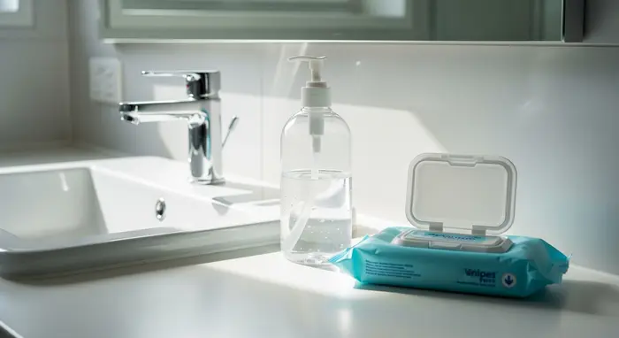 Flasche Händedesinfektion und Tücher stehen griffbereit neben einem Waschbecken in einem hellen Bad.