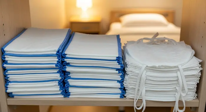 Saugende Bettschutzeinlagen und Einmallätzchen ordentlich gestapelt auf einem Regal in einem Pflegezimmer.