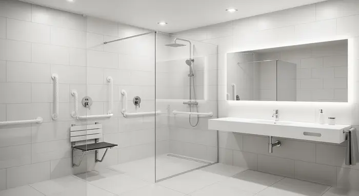 Modernes, barrierefreies Badezimmer mit bodengleicher Dusche, Haltegriffen und Duschsitz; helle Fliesen, klare Linien.