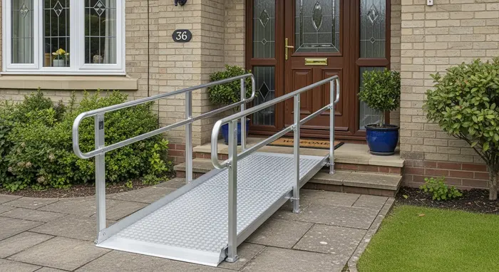 Stabile Metallrampe an einer Haustür, rollstuhlgerechter Zugang, gepflegter Eingangsbereich.