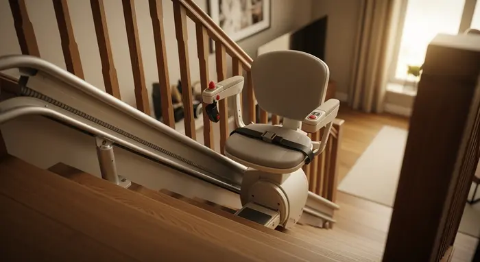 Treppenlift an einer Wohnhaustreppe, sichere Sitzfläche und Haltebügel, warmes Licht.