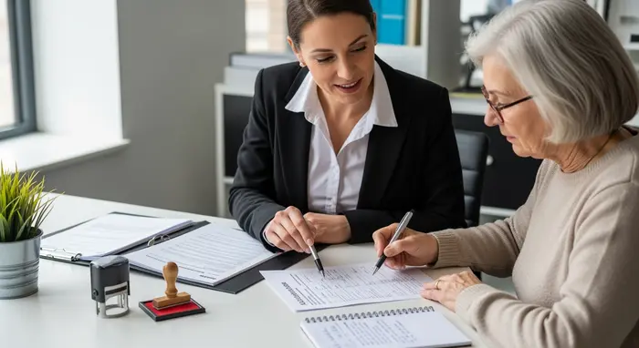 Pflegeberaterin hilft einer Frau beim Ausfüllen eines Antragsformulars am Schreibtisch; Ordner, Stempel und Notizblock liegen bereit; konzentrierte, ruhige Szene.
