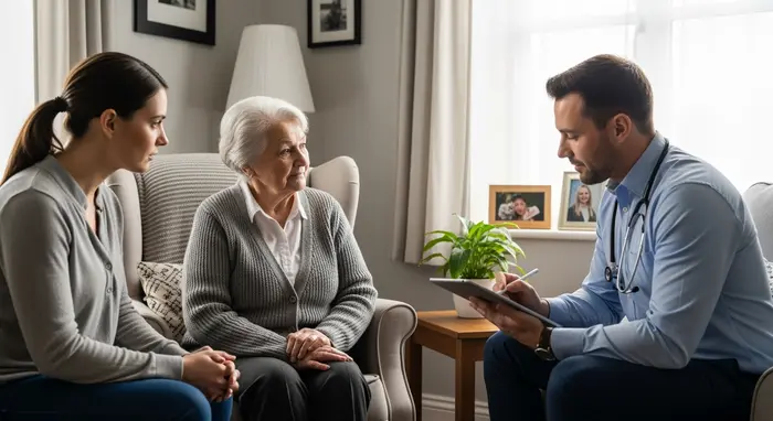 Medizinischer Gutachter besucht Seniorin zu Hause, macht Notizen auf einem Tablet; Tochter sitzt daneben; ruhige, respektvolle Begutachtungssituation.