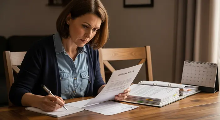 Frau mittleren Alters prüft einen Bescheidbrief am Esstisch, macht sich Notizen mit Stift; Ordner und Kalender liegen daneben; konzentrierte Stimmung.