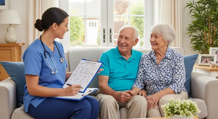 Pflegefachkraft besucht Seniorenpaar zu Hause, überprüft Pflegedokumentation auf einem Klemmbrett; freundliches Gespräch im Wohnzimmer.