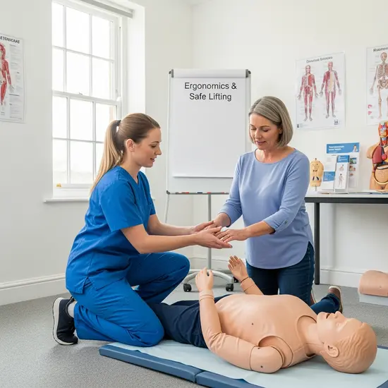 Pflegefachkraft demonstriert einer Angehörigen an einer Pflegepuppe rückenschonende Hebetechniken in einem Schulungsraum.