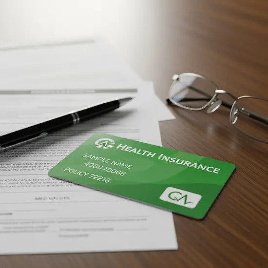 Nahaufnahme einer grünen Versichertenkarte neben Formularen, Stift und Brille auf einem Holztisch; natürlicher Lichteinfall.