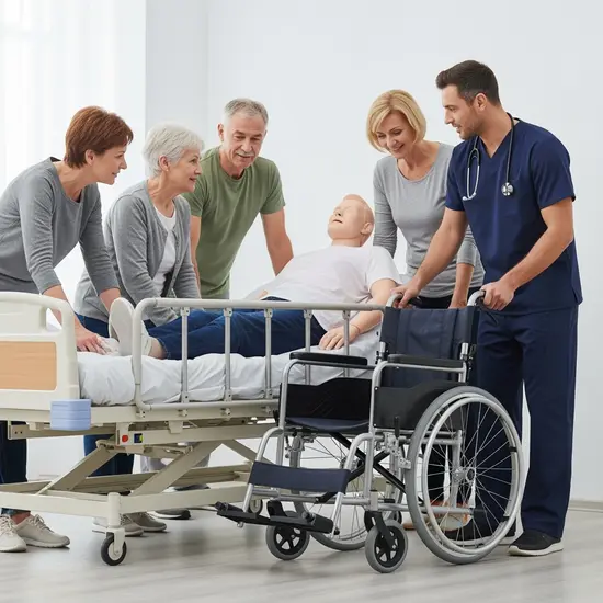 Kleine Gruppe von Angehörigen übt den sicheren Transfer vom Bett in den Rollstuhl unter Anleitung; freundlich, praxisnah.