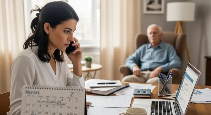 Berufstätige Tochter telefoniert mit Arbeitgeber und blickt auf Kalender und Laptop; im Hintergrund sitzt der zu pflegende Vater; Alltag zwischen Pflege und Job.