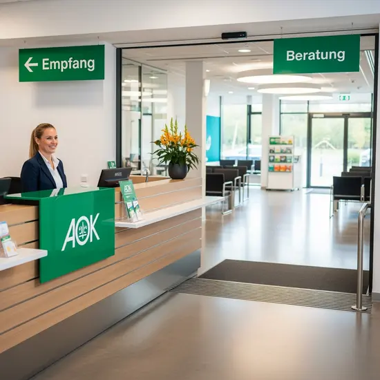 Moderne AOK-Servicegeschäftsstelle mit freundlich lächelnder Mitarbeiterin am Empfang; barrierefreier Zugang, klare Beschilderung.