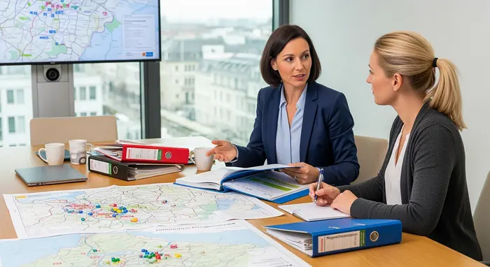 Zwei Beraterinnen sitzen in einem Besprechungsraum mit Aktenordnern und tauschen sich zu regionalen Pflegeangeboten aus; Kartenmaterial liegt auf dem Tisch.