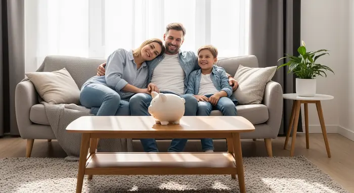 Glückliche dreiköpfige Familie sitzt entspannt auf dem Sofa, eine Sparbüchse steht auf dem Couchtisch; helles Wohnzimmer, Gefühl von Sicherheit.