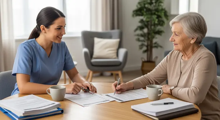 Pflegerin und Senior sitzen entspannt am Wohnzimmertisch und gehen gemeinsam eine Checkliste durch; geordnete Unterlagen, beruhigende Atmosphäre.