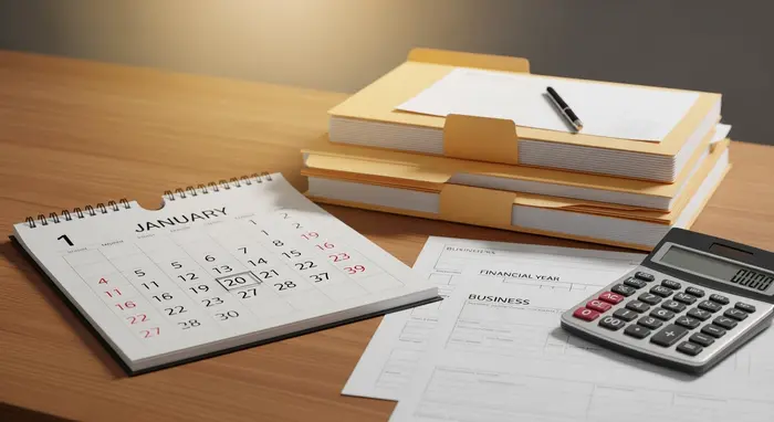 Symbolische Szene: Kalenderseite Anfang Januar neben Aktenordner, Formularen und einem Taschenrechner auf einem Schreibtisch; warmes Licht, ordentliche Arbeitsfläche.
