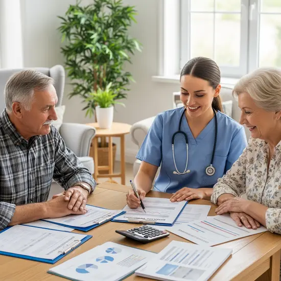 Pflegerin erklärt älterem Paar am Wohnzimmertisch eine Leistungsübersicht, auf dem Tisch liegen Taschenrechner und geordnete Unterlagen; freundliche, helle Umgebung.