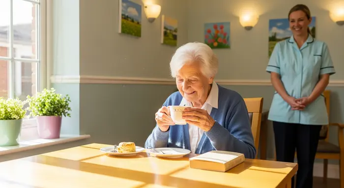Seniorin sitzt in freundlichem Tagespflege-Zentrum an einem hellen Tisch und trinkt Tee, Pflegekraft lächelt im Hintergrund; ruhige, sichere Umgebung.