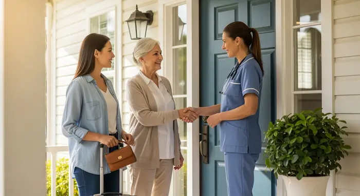 Erwachsene Tochter übergibt die Pflege vorübergehend an eine freundliche Pflegekraft an der Haustür; Koffer steht bereit; entspannte, wertschätzende Szene.