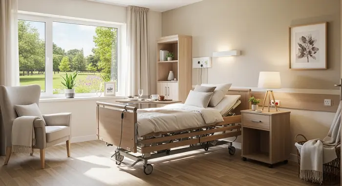 Helles, modernes Pflegeheim-Zimmer mit Pflegebett, Nachttisch und Sessel; Blick aus dem Fenster auf Grün; ruhige, wohnliche Atmosphäre.