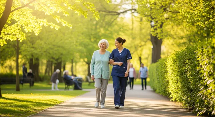 Pflegerin begleitet Seniorin beim Spaziergang im Park; beide lächeln, frisches Grün, sonniger Tag; Entlastung im Alltag sichtbar.