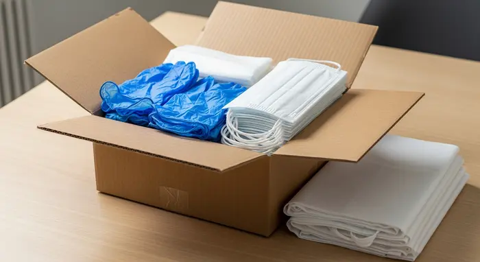 Ein Karton mit Pflegehilfsmitteln wie Einmalhandschuhen, Mundschutz und Schutzschürze liegt geöffnet auf einem Tisch.